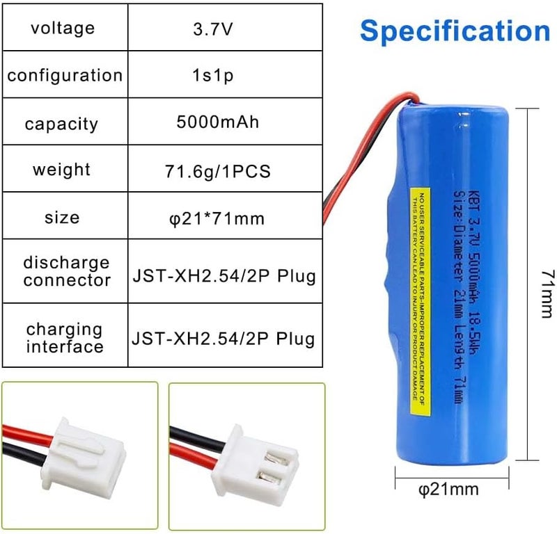 KBT KEEP BETTER TECH KBT 5000mAh Lithium Battery with White JST-XH 2.54/2P Plug, 3.7V 18.5Wh RC Toys Rechargeable Li-ion Battery for RC Car, Boat, Truck - Image 2